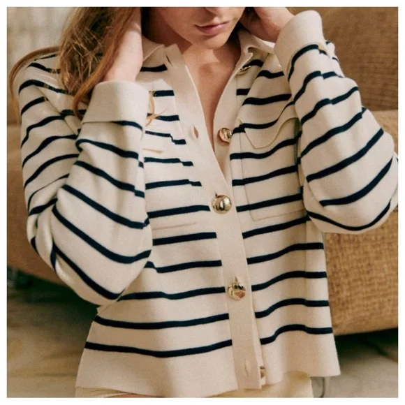 Sezane Cream and Black Striped Betty Cardigan - Picture 1 of 8